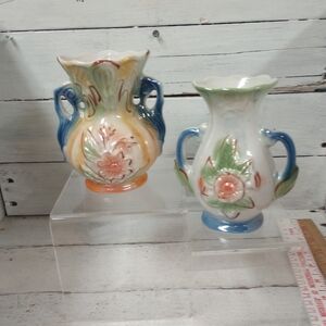 Set of 2 Vintage Lusterware Vases w Handles Floral Flowers French Country